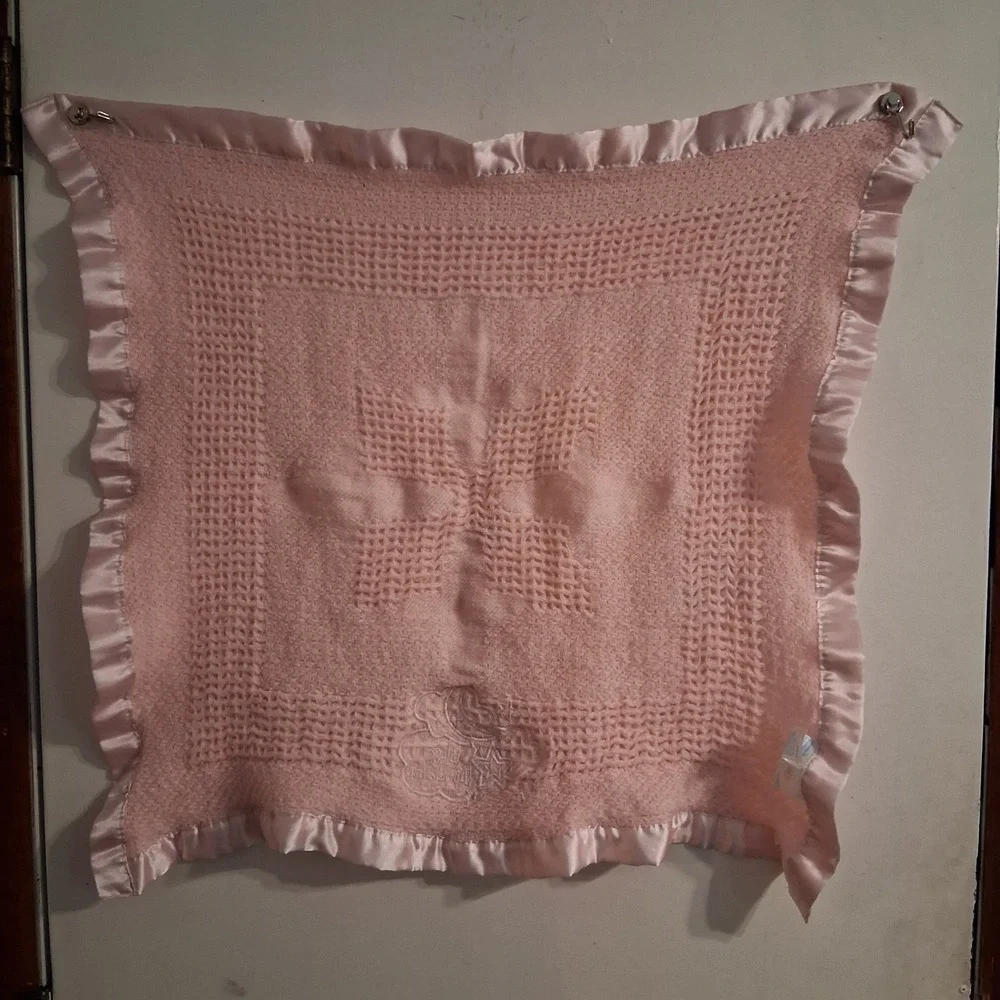 Kidgets Pink Waffle Weave Satin Edge Bless This Baby Blanket 28x29 Thermal Lovey